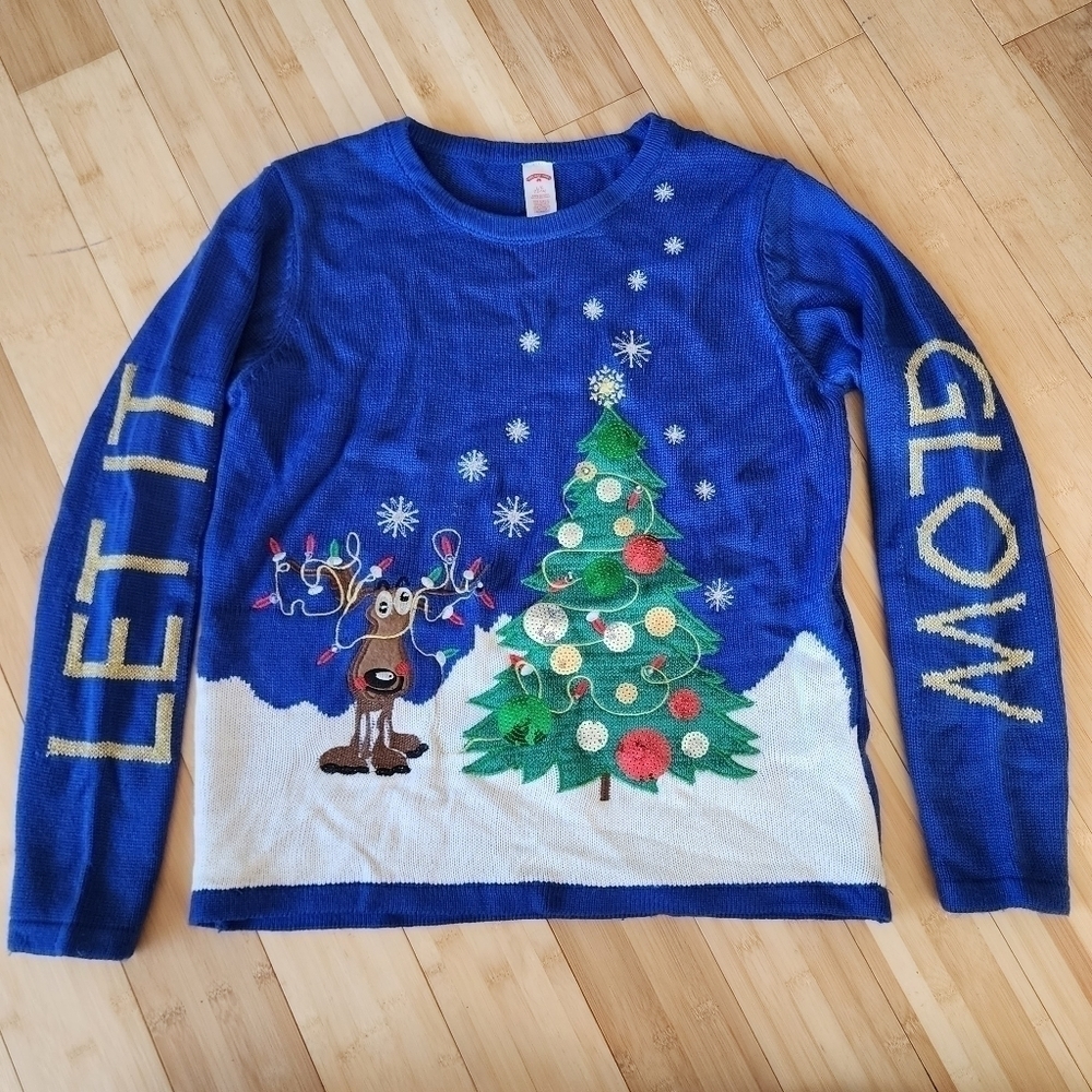 Holiday Time Reindeer Christmas Tree Blue Sweater Let It Glow Large L 12/14 EUC